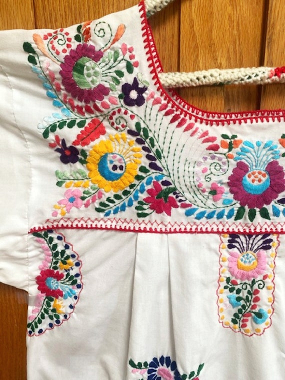 Plus Size Mexican Dress White Hand Embroidered Florals Peacock