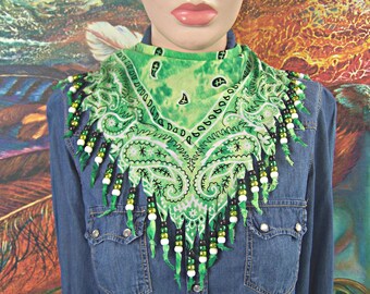 Bandana Western Scarf Cowgirl Beaded Fringe Rodeo Neckerchief handmade Green Paisley