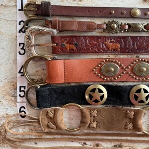 Peut inclure: Six ceintures en cuir diff&eacute;rentes avec diff&eacute;rentes boucles et embellissements. Les ceintures sont num&eacute;rot&eacute;es de 1 &agrave; 6. Les ceintures sont brunes, noires et beiges.