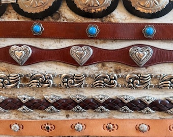 Western Concho Belt Brown Black Hearts flowers Brighton Fossil Nadim SCROLL 4 INFO