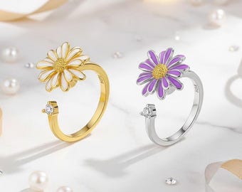 Enamel Daisy Flower Adjustable Ring – Gold & Silver Options