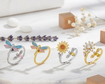Dragonfly & Bee Adjustable Rings – Gold or Silver Crystal Open Band