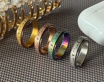 Sun Moon Stars Spinner Ring: Stainless Steel Celestial Fidget Ring