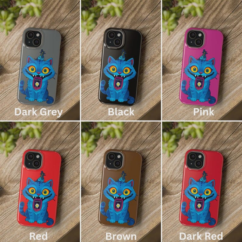 May include: A collection of phone cases in various colors, including dark grey, black, pink, red, brown, and dark red. Each case features a cartoon cat illustration with blue fur, yellow eyes, and an open mouth.