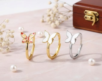 Butterfly Adjustable Ring – Enamel Open Band in Gold or Silver