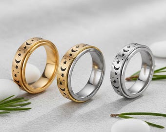 Moon Phase Stainless Steel Fidget Ring: Celestial Spinner Ring
