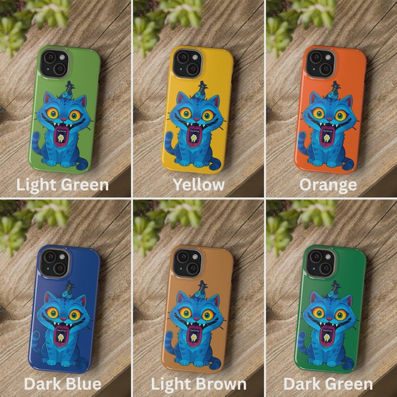 May include: A collection of colorful phone cases, each featuring a cartoon cat design. The cases are in various colors, including light green, yellow, orange, dark blue, light brown, and dark green. Each case has the text of its color printed on it.