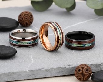 Tungsten Wood Ring, Green Opal Inlay, Unisex Band