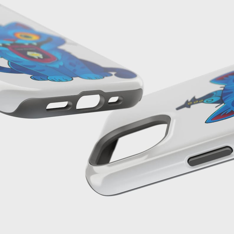 May include: Two white phone cases with a blue cartoon character design. The cases have a gray border and cutouts for the camera and charging port. The cartoon character has blue fur and a large mouth.