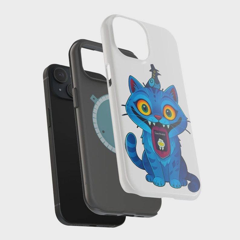 May include: Three phone cases: a black case, a gray case with a clock design, and a white case. The white case features a blue cartoon cat with yellow eyes and the text "Save the Kids" on its tongue. The cat wears a hat.