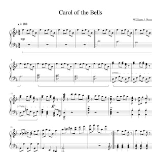 May include: Musical score of "Carol of the Bells" by William J. Ross, printed in black ink on white paper. The sheet music features treble and bass clefs, notes, rests, and dynamic markings including "mp", "cresc.", "ff", and "p".