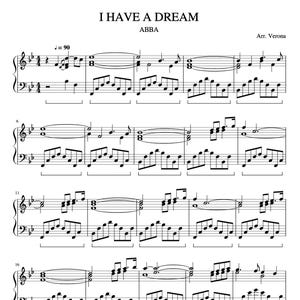 Könnte beinhalten: Notenblatt für das Lied "I Have a Dream" von ABBA, arrangiert von Verona. Die Musik ist in Standardnotation mit einer Schlüsselsignatur von 4 b und einer Taktart von 4/4 geschrieben. Das Tempo ist mit = 90 gekennzeichnet.