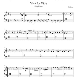 Può includere: Spartito di "Viva La Vida" dei Coldplay, arrangiato per pianoforte facile. Le note nere sono su sfondo bianco. Il titolo e il nome del compositore sono in alto. La notazione musicale include chiavi di violino e di basso, con vari valori di note.