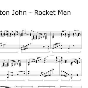 Puede incluir: Partitura musical para la canción "Rocket Man" de Elton John. La música está escrita en notación estándar con una clave de sol y una clave de fa. El tempo está marcado como 74 pulsaciones por minuto.