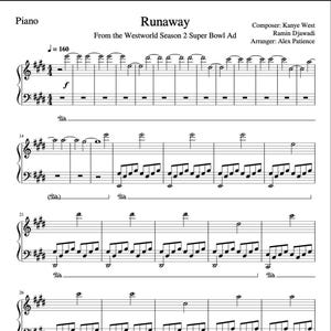 Peut inclure: Partition de musique pour la chanson "Runaway" de Kanye West, avec le texte "From the Westworld Season 2 Super Bowl Ad". La musique est écrite en notation standard avec une signature à 4/4 et un tempo de 160 battements par minute.