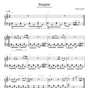 Puede incluir: Una partitura musical para la canción "Imagine" de John Lennon. La partitura incluye la letra y la notación musical de la canción. La canción está escrita en Do mayor y tiene un tempo de 70 pulsaciones por minuto.