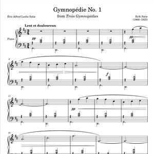 以下が含まれることがあります： エリック・サティ作曲のピアノ曲「ジムノペディ第1番」の楽譜。曲名はページの上部に大きく太字で書かれている。楽譜は標準記譜法で書かれており、調号はハ長調、拍子は4/4拍子。曲は「Lent et douloureux」と記されており、これは「ゆっくりと悲しげな」という意味である。