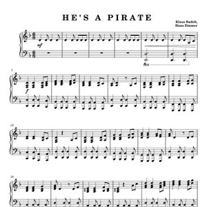Może przedstawiać: Nuty do utworu "He's a Pirate" autorstwa Klausa Badeлта i Hansa Zimmera. Utwór jest napisany w tonacji C-dur i ma takt 4/4. Nuty są przeznaczone na fortepian i zawierają melodię oraz akordy.