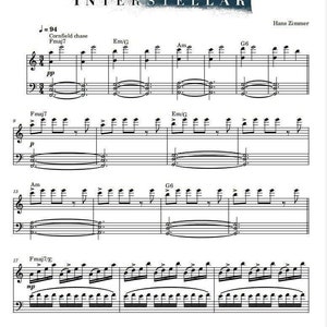 May include: A sheet music score for the song "Interstellar" by Hans Zimmer. The score is written in standard musical notation and includes the key signature, time signature, and tempo marking. The song is in the key of F major and is in 4/4 time. The tempo marking is = 94. The score includes the lyrics for the song, which are written in English. The score is for piano and is arranged for a single player.