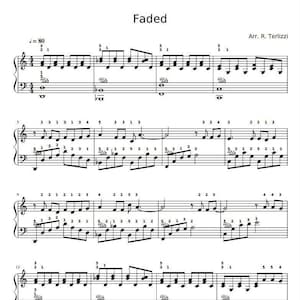 Puede incluir: Partitura musical para piano titulada "Faded". La música está escrita en notación estándar con claves de sol y de fa. La pieza está en compás de 4/4 y tiene un tempo de 80 pulsaciones por minuto. La música incluye una variedad de notas, silencios y acordes.