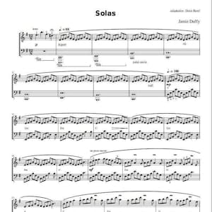 以下が含まれることがあります： ジェイミー・ダフィー作曲のピアノ曲「ソラス」の楽譜。楽曲はハ長調で書かれており、テンポは= 88。レガートスタイルで、ペダルシミレが特徴です。
