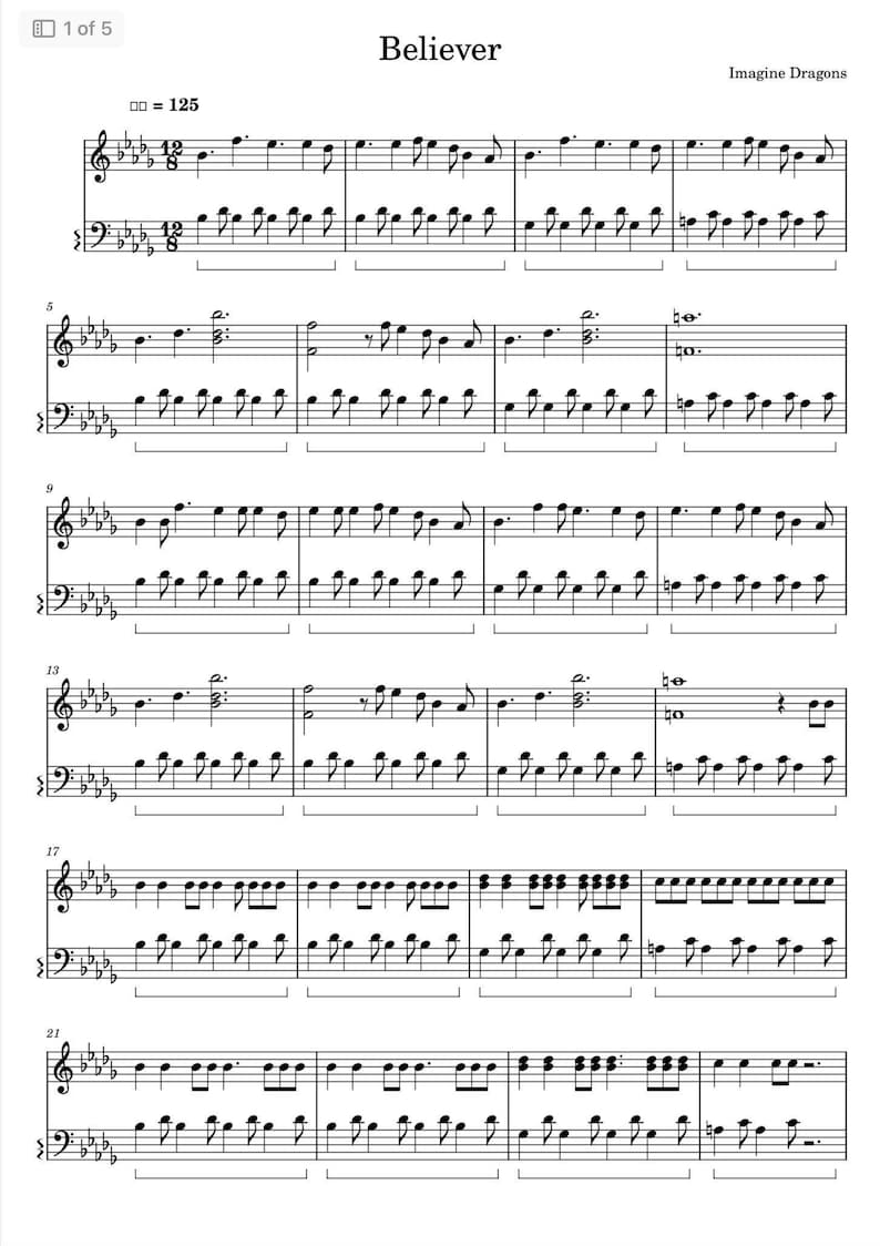Imagine Dragons – Believer Piano Sheet Music PDF | Pop Rock Digital ...