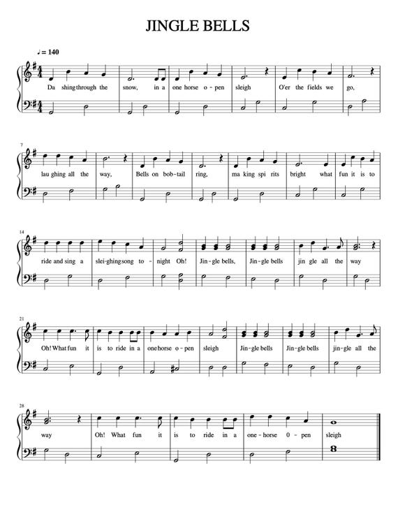 ジングルベル - 簡単ピアノ楽譜 + 歌詞 (クリスマスキャロル