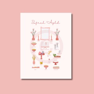 May include: A pink print featuring a Sofreh Aghd illustration. The design includes a mirror, candles, flowers, and various symbolic items like eggs, honey, and sweets, all arranged in a circular layout. The text "Sofreh Aghd" is written in a delicate script.