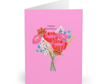 Pink Bouquet Cards - Floral Birthday Blank Greeting Cards (5 Pack)