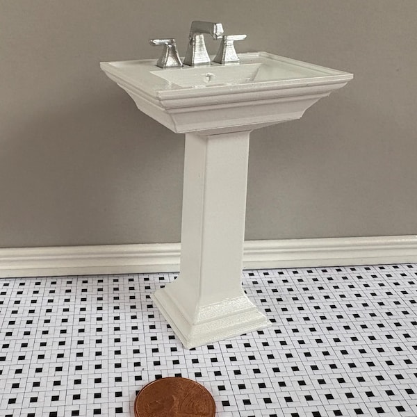 Pia de pedestal para casa de bonecas. Escala 1/12. Acabamento branco.
