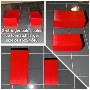 May include: A collection of bright red rectangular blocks, varying in size, are displayed against a gray grid background. The text "3-stringer bale scaled up to match larger size of 16x24x48" is visible. The blocks appear to be 3D printed.