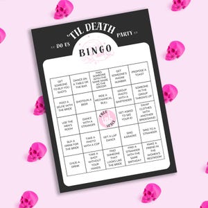 Bride or Die 10 tarjetas de BINGO únicas: plantilla de juego de despedida de soltera editable y personalizable: temática gótica de calavera 'Til Death' (imprimible)