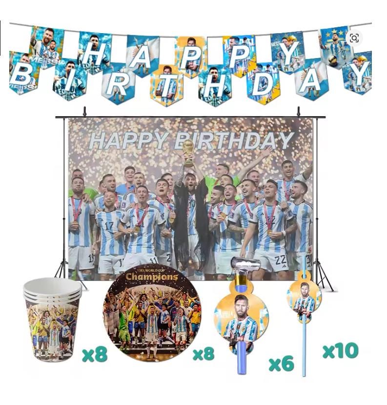 Lionel Messi Birthday Party Decorations – Soccer Theme Supplies with Banner, Cups, Plates, Straws, Whistles, Football Backdrop Options