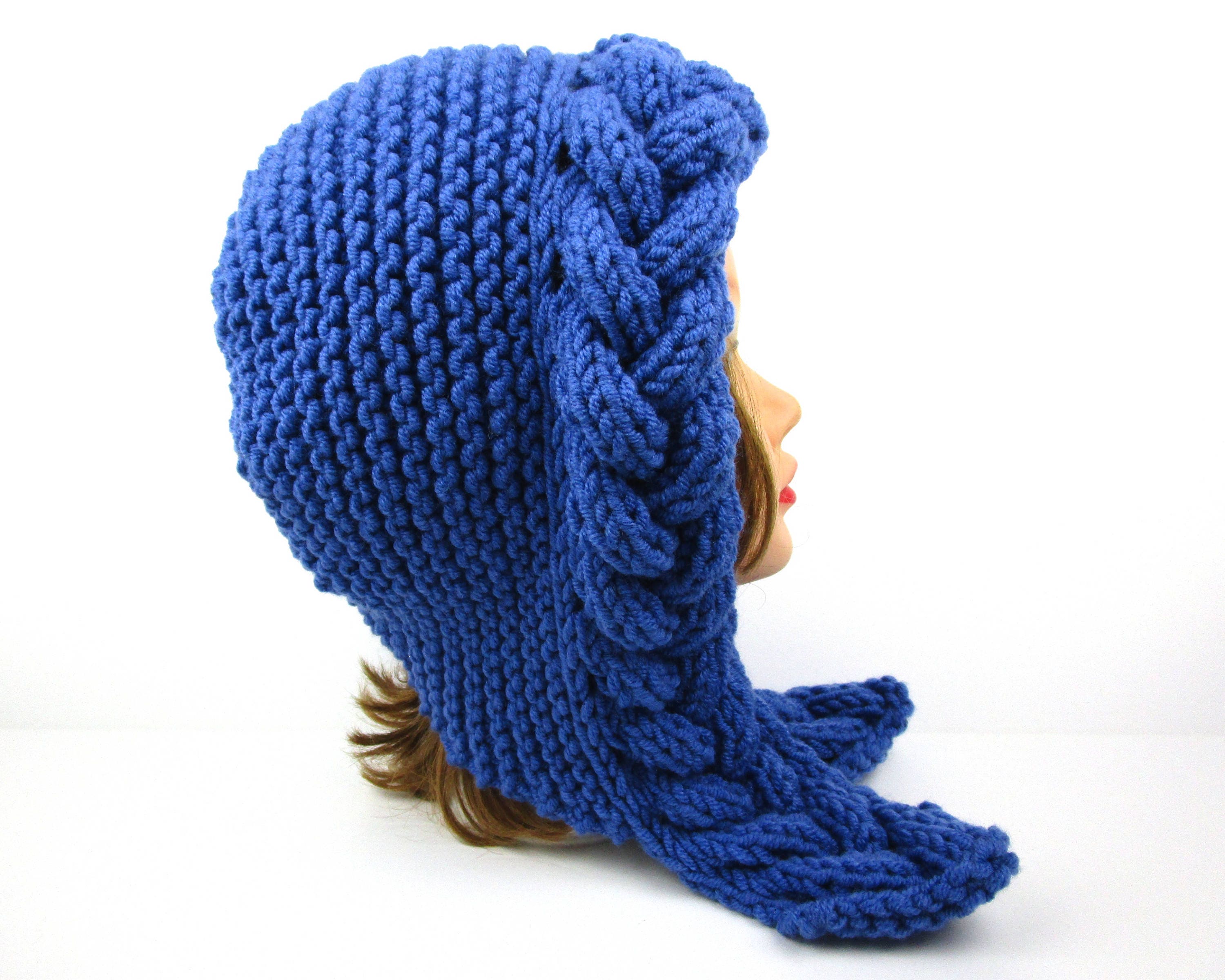 Cable Knit Hat Hood Hat Blue Chunky Hood in