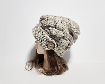Chunky Knit Cloche Hat, Slouchy Cable Knit Beanie with Coconut Button, MADE TO ORDER