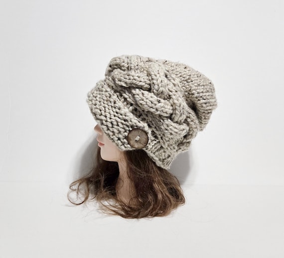 Chunky Knit Cloche Hat, Slouchy Cable Knit Beanie With Coconut