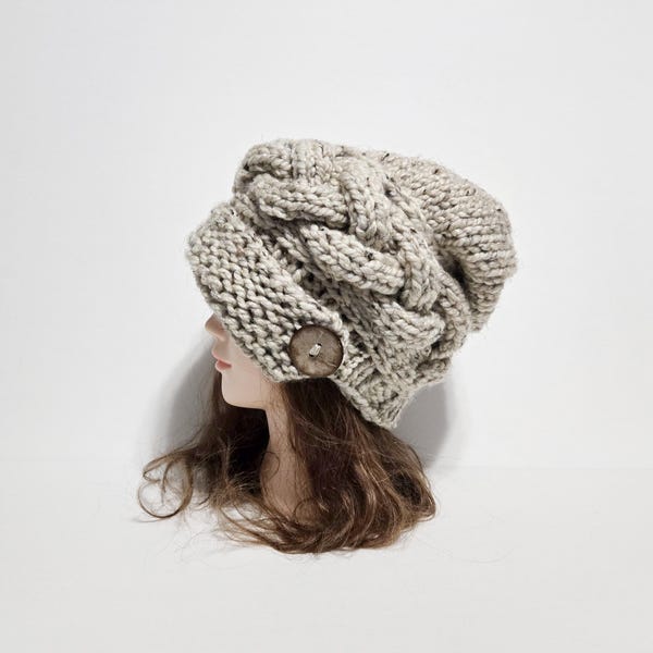 Chunky Knit Cloche Hat, Slouchy Cable Knit Beanie with Coconut Button, MADE TO ORDER