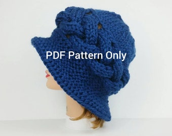 PDF PATTERN ONLY - 1920's Cloche Hat Knitting Pattern, Cable Knit Flapper Hat Pattern, Brim Hat Pattern, Knitting Patterns For Hats