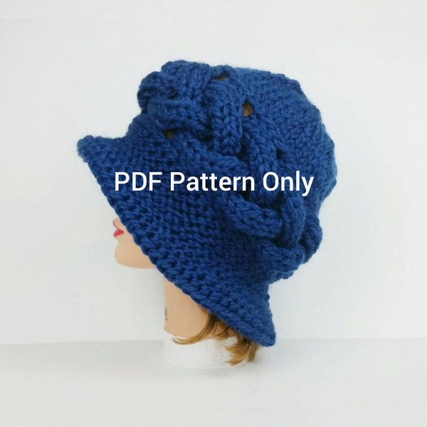 PDF PATTERN ONLY - 1920's Cloche Hat Knitting Pattern, Cable Knit Flapper Hat Pattern, Brim Hat Pattern, Knitting Patterns For Hats