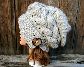 Cloche Hat Women, Chunky Knit Beanie, Slouchy Cable Knit Hat