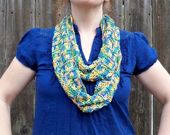 Knit Infinity Scarf, Women's Cowl Scarf In Green Blue Yellow, Scarves For Women, Circle Scarf