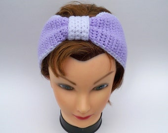 Crochet Bow Headband, Women's Headband, Turban Headband, Women's Headwrap, Crochet Ear Warmer In Purple And White, Crochet Headband Women