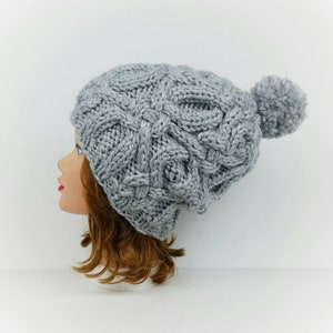 Pom Pom Beanie Hat, Cable Knit Hat, Women&#39;s Hat, Slouchy Beanie With Pom Pom, Gray Hat, Winter Hats For Women, Slouchy Hat Chunky Knit