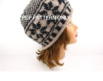 May include: A knitted hat with a black and beige geometric pattern. The hat is on a mannequin head. The text "PDF PATTERN ONLY" is visible on the hat.