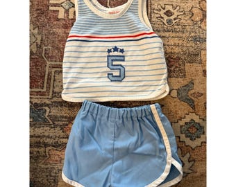 Vintage Health-tex Kids Striped Tank Top and Shorts Set Blue White