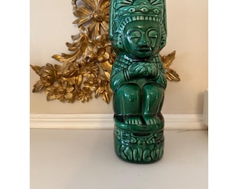 Decantador de cerámica verde vintage estilo maya/azteca para Kahlúa, ideal para bares tiki.