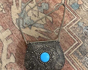 Vintage Handmade Sajai Indian Metal and Genuine Agate Gemstone