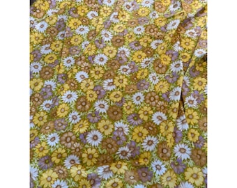 Vintage Cannon Monticello Floral Daisy Flat Sheet Yellow Gold Brown 70s Muslin