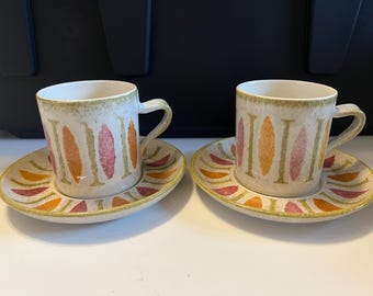 Red Wing Pottery Mugs and Saucer Sets. Pepe design. Hand Painted.