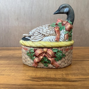 Vintage Ceramic Christmas Goose in a Basket Covered Dish. Trinket Box. Canadian Goose.